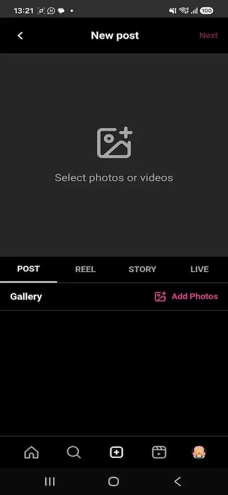Phone new post screen with a photo picker and post, reel, story, live tabs