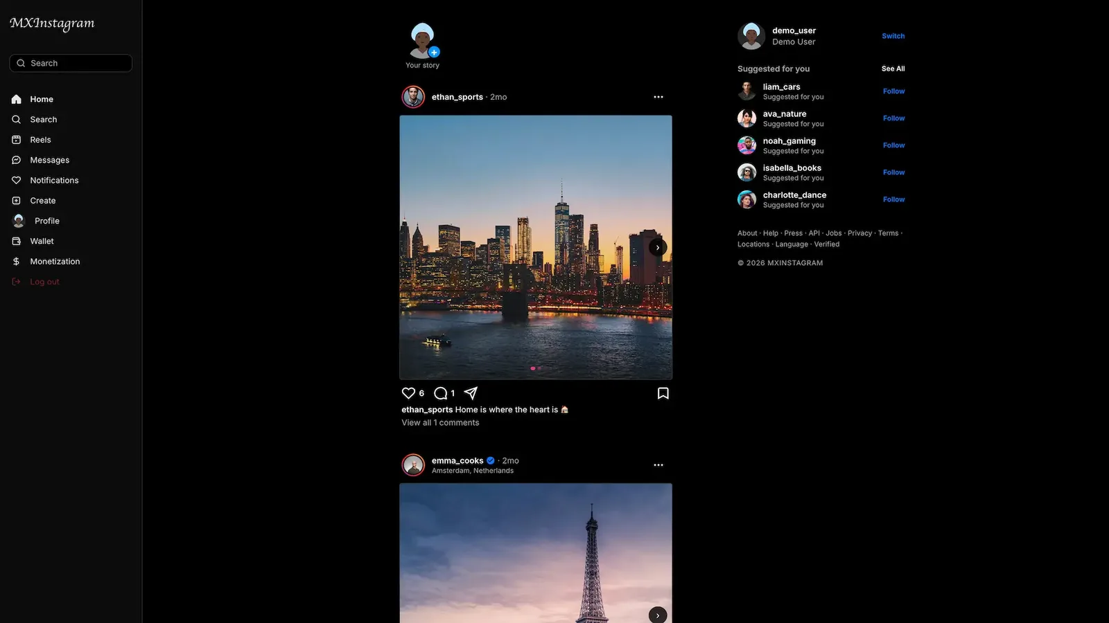 Dark web home with a left menu, a city photo post and a suggestions panel