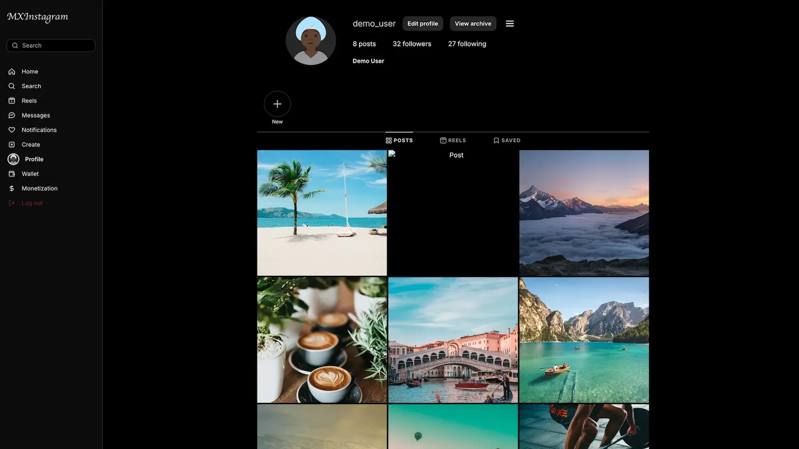 Dark web profile page with member details and a grid of travel and food photos
