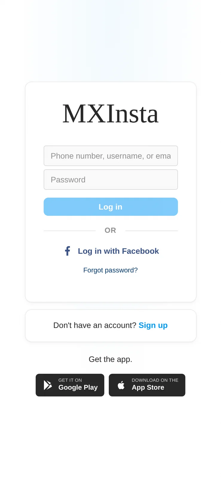 Login screen with username and password fields, Facebook login and app store badges