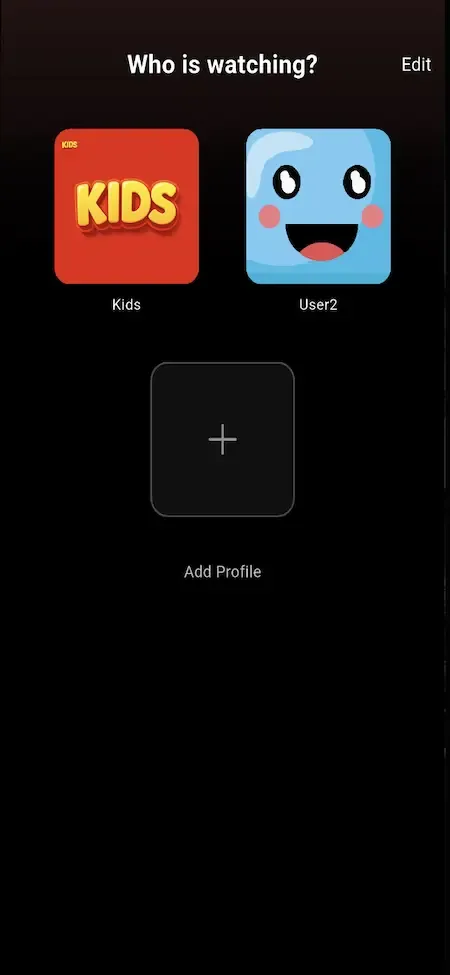 Phone profile picker with a kids tile, a smiley avatar and an add profile button