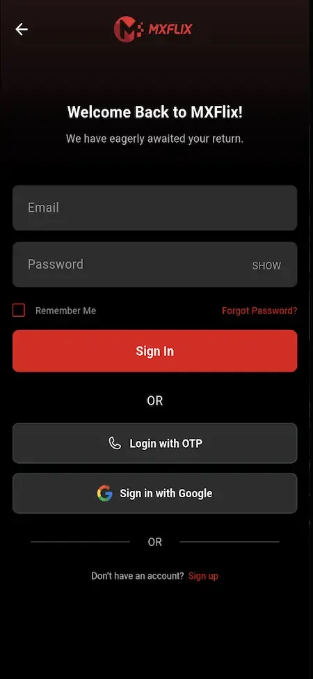 Phone sign-in screen with email and password fields and OTP and Google login options