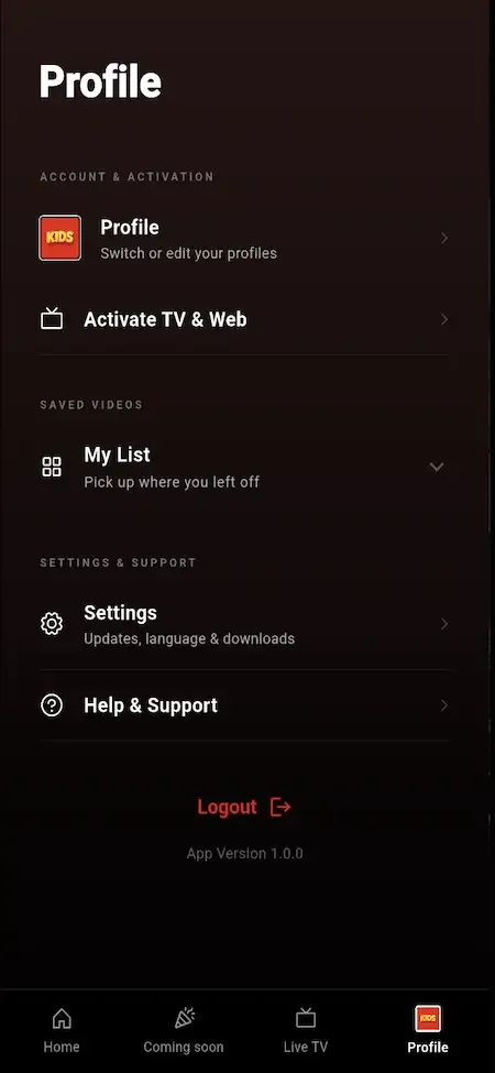 Phone profile menu with profile switch, activate TV and web, my list, settings and logout