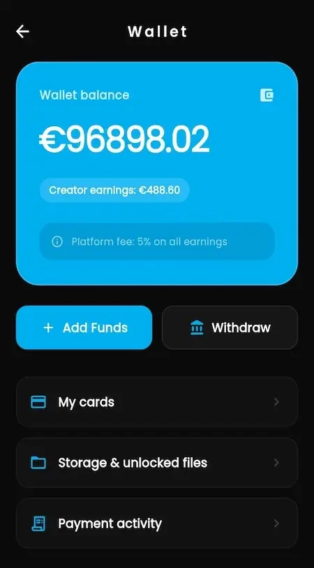 Phone wallet screen with a large balance card, add funds and withdraw buttons