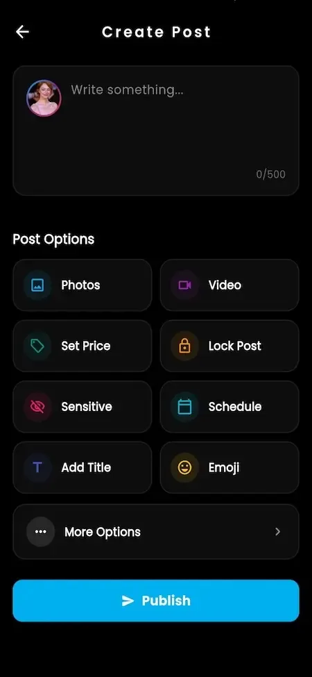 Phone create post form with a text box and photo, video, price options