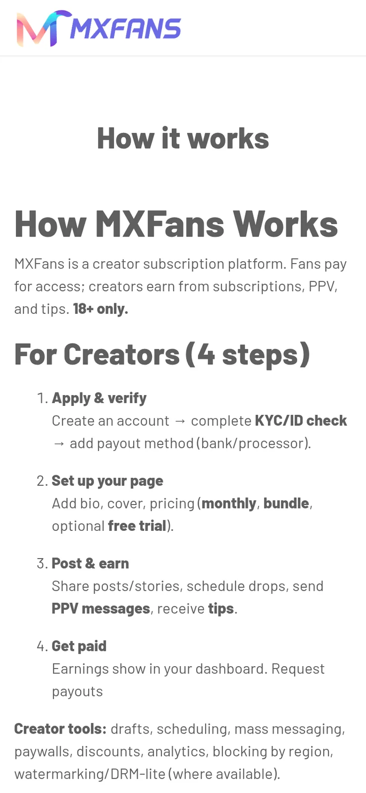 Phone view of the how it works page with numbered creator steps