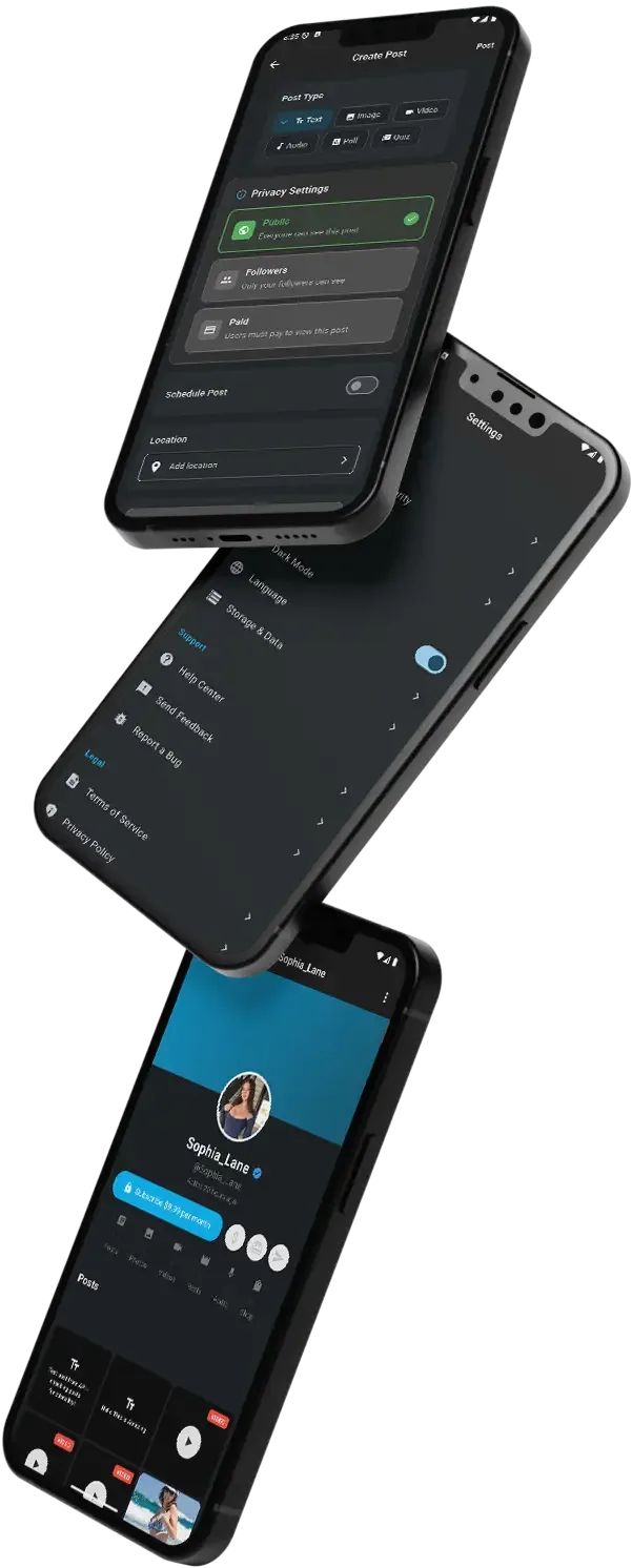 Three tilted dark phone mockups showing a post settings screen, a menu and a profile