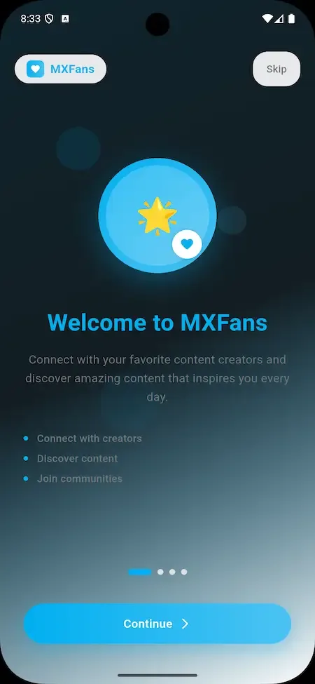 Phone welcome slide with a star icon on a teal gradient and a continue button