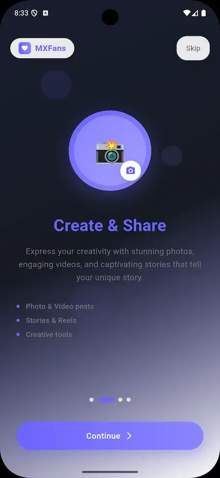 Phone onboarding slide with a camera icon on a purple gradient headed create and share