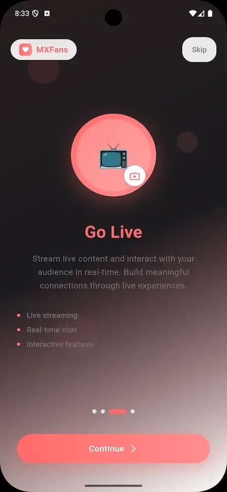 Phone onboarding slide with a television icon on a red gradient headed go live