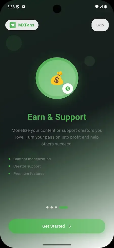 Phone onboarding slide with a money bag icon on a green gradient headed earn and support