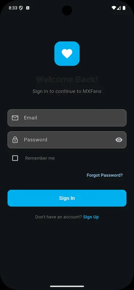 Phone sign-in form with email and password fields, a remember me box and a blue button
