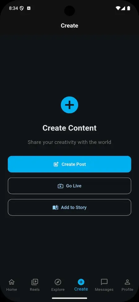 Phone create content menu with blue buttons for create post, go live and add to story