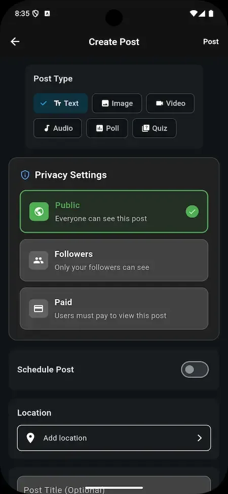 Phone create post form with post type chips and public, followers and paid privacy options