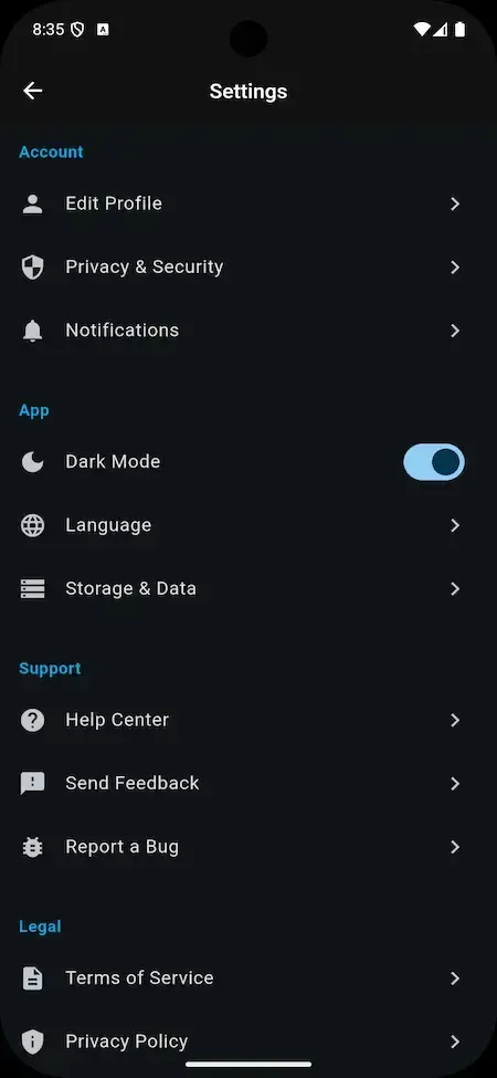 Phone settings list with account, app, support and legal sections and a dark mode toggle