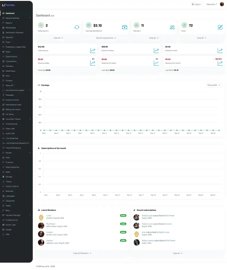 Light admin dashboard with a dark side menu, statistic tiles, earnings charts and latest members