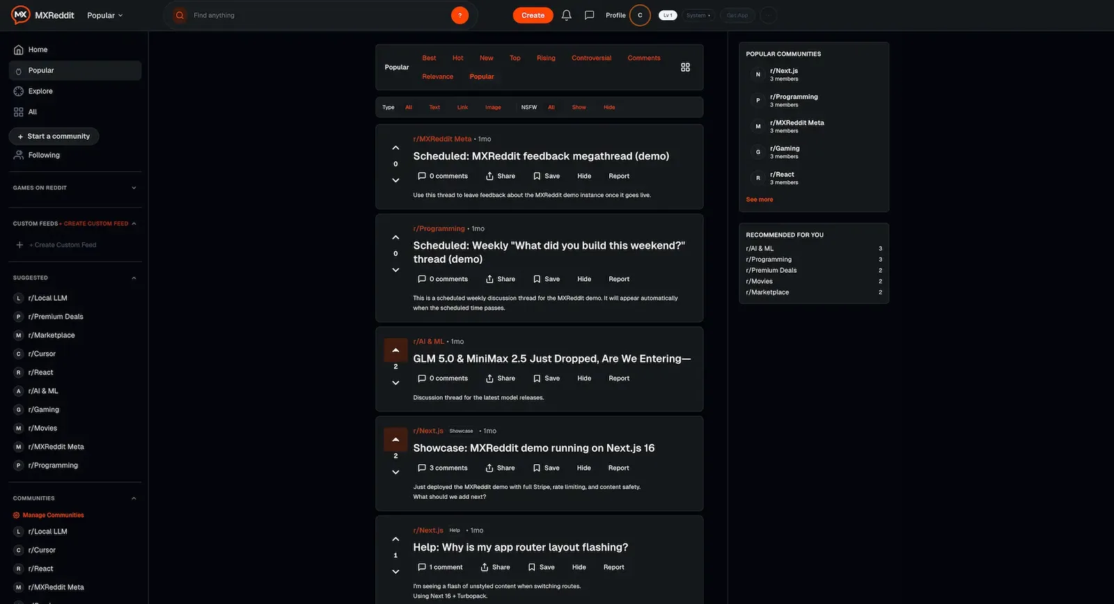 Dark web home feed with community sidebar, sort tabs, post list and popular communities panel