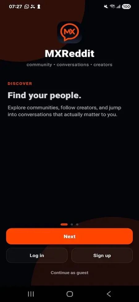 Phone welcome screen with demo wordmark, a find your people headline and Next, Log in buttons