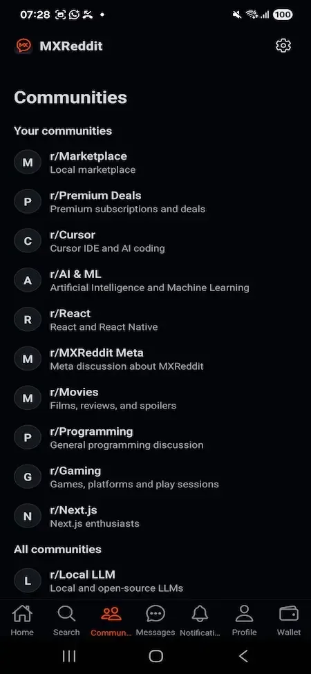 Phone list of joined communities with round initials, short descriptions and a tab bar