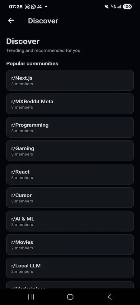 Phone discover screen listing popular communities with member counts in dark rounded rows