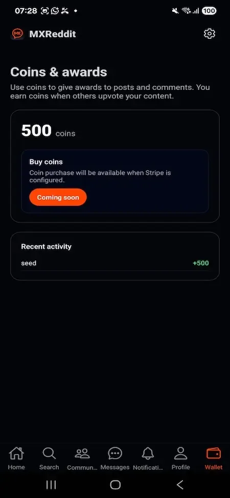 Phone coins and awards screen with a five hundred coin balance and recent activity list