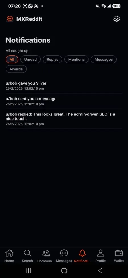 Phone notifications list with filter chips for unread, replies, mentions, messages and awards
