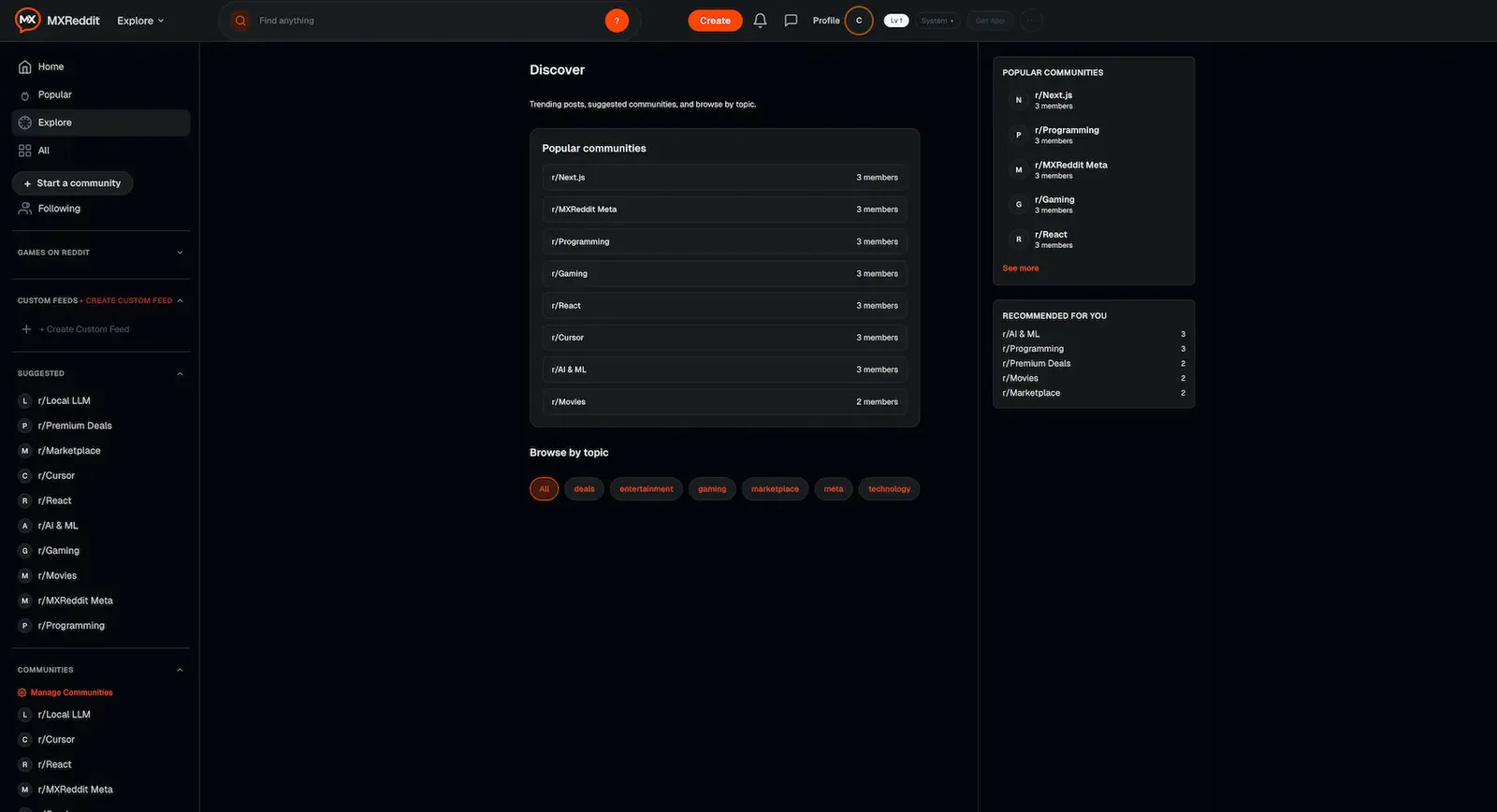 Dark web discover page with popular communities table and browse by topic tag chips