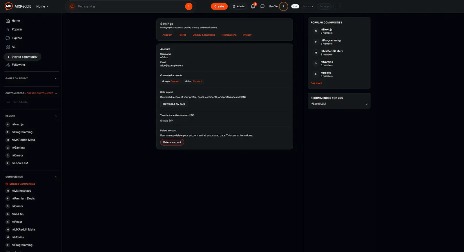 Dark web settings page with profile fields, notification options and account actions