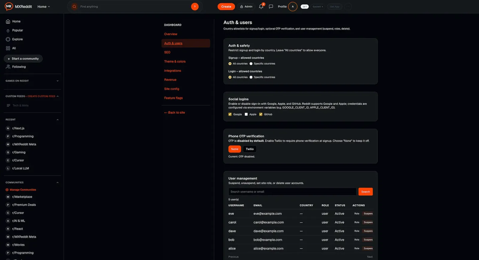 Admin settings for sign-in methods and phone verification above a searchable user table