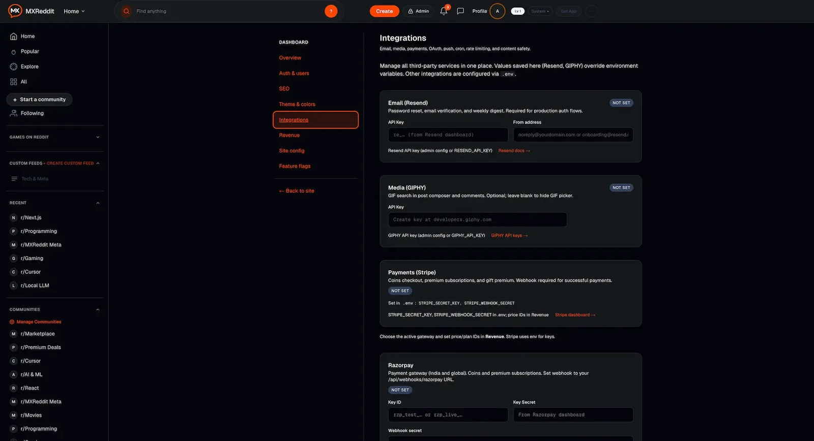 Admin integrations page with email, payment, push and storage credential forms