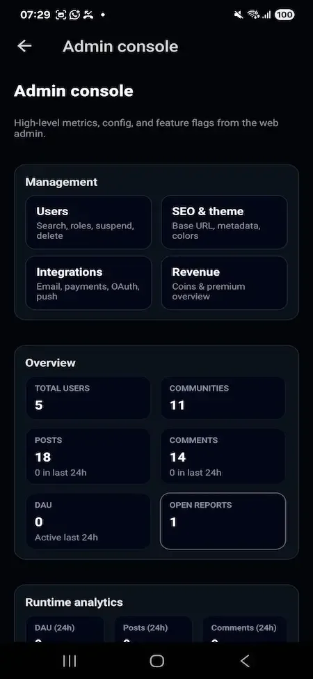 Phone admin console with management shortcuts and an overview grid of user and report counts