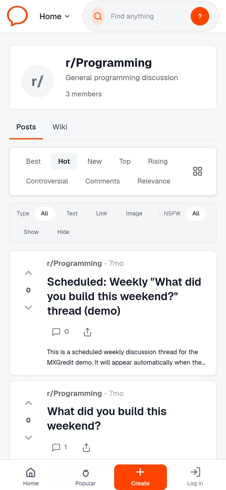 Phone community page with sort tabs, posts and a bottom navigation bar