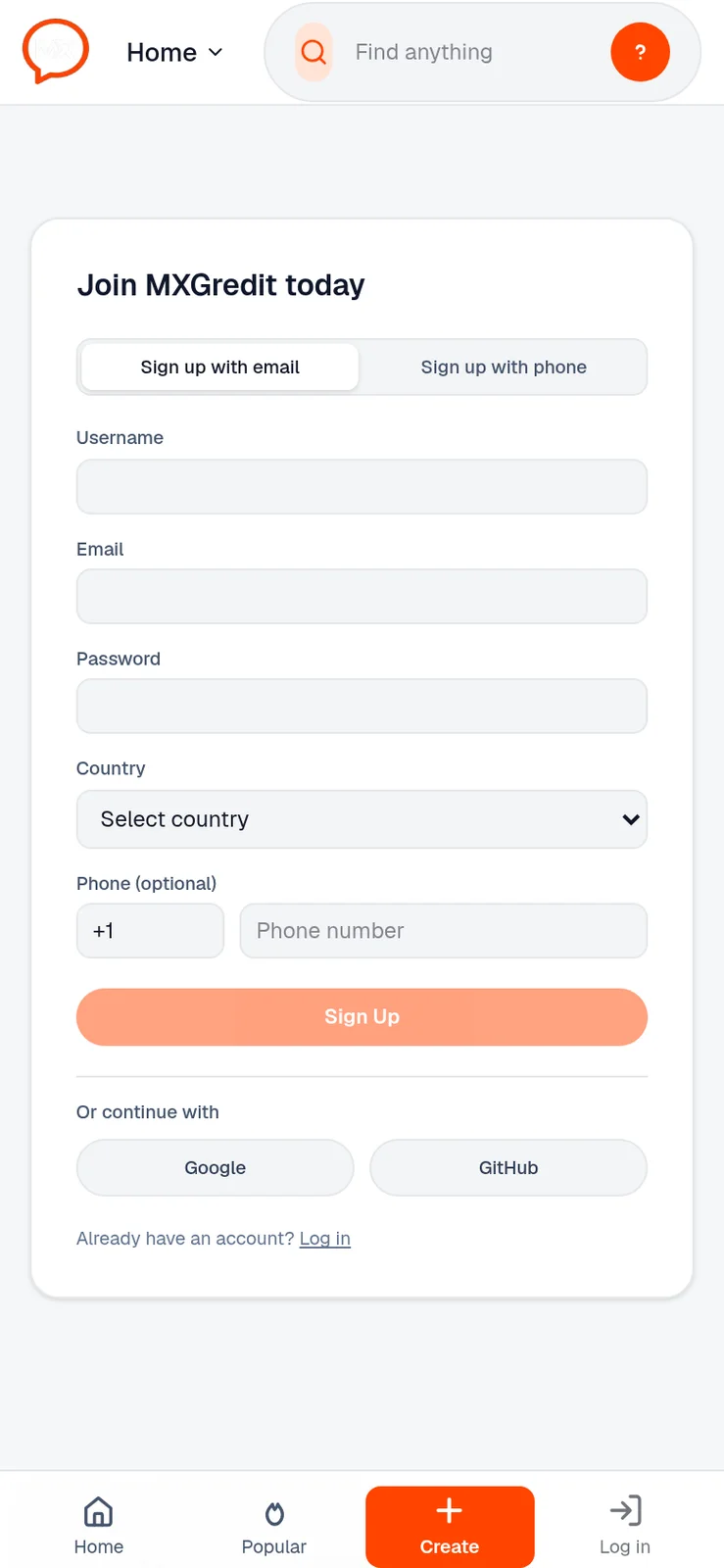Phone sign up form with email or phone tabs and social buttons