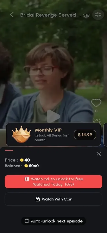 Phone episode paywall offering a monthly VIP plan, a coin unlock and a watch ad option