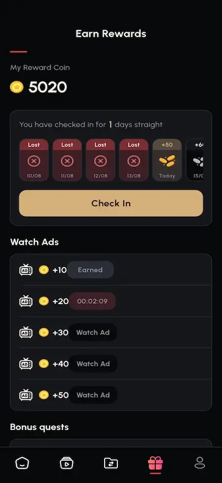Phone rewards screen with a coin balance, a daily check-in streak and watch ad earnings