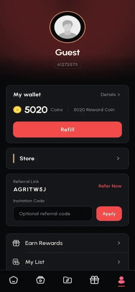 Phone profile page with guest avatar, coin wallet, refill button and referral code field