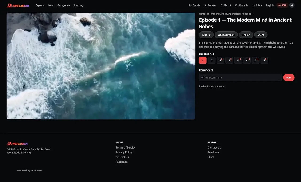 Dark web episode page with a video player beside the title, episode numbers and comments box