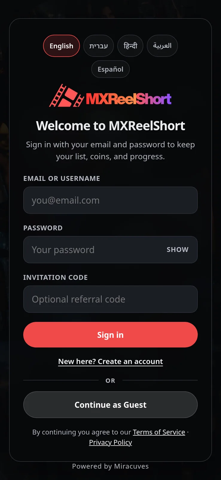Sign in screen with language chips, email, password and invitation code fields