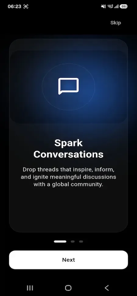 Phone onboarding slide with a chat bubble icon and a spark conversations headline