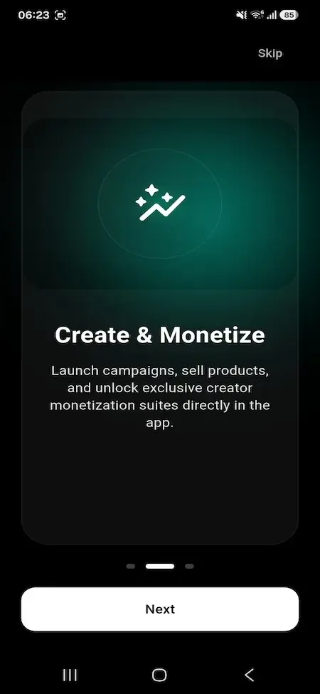 Phone onboarding slide with a sparkle icon on a green tint headed create and monetize