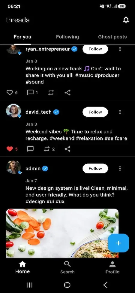 Phone for you feed with tabs, text posts, follow buttons and a compose button