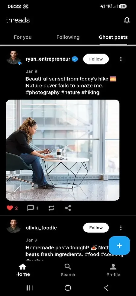 Phone ghost posts tab with a photo post and follow buttons