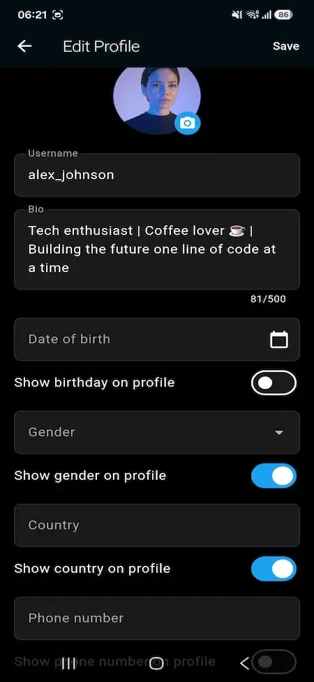 Phone edit profile form with avatar, username, bio, birthday, gender and country visibility toggles
