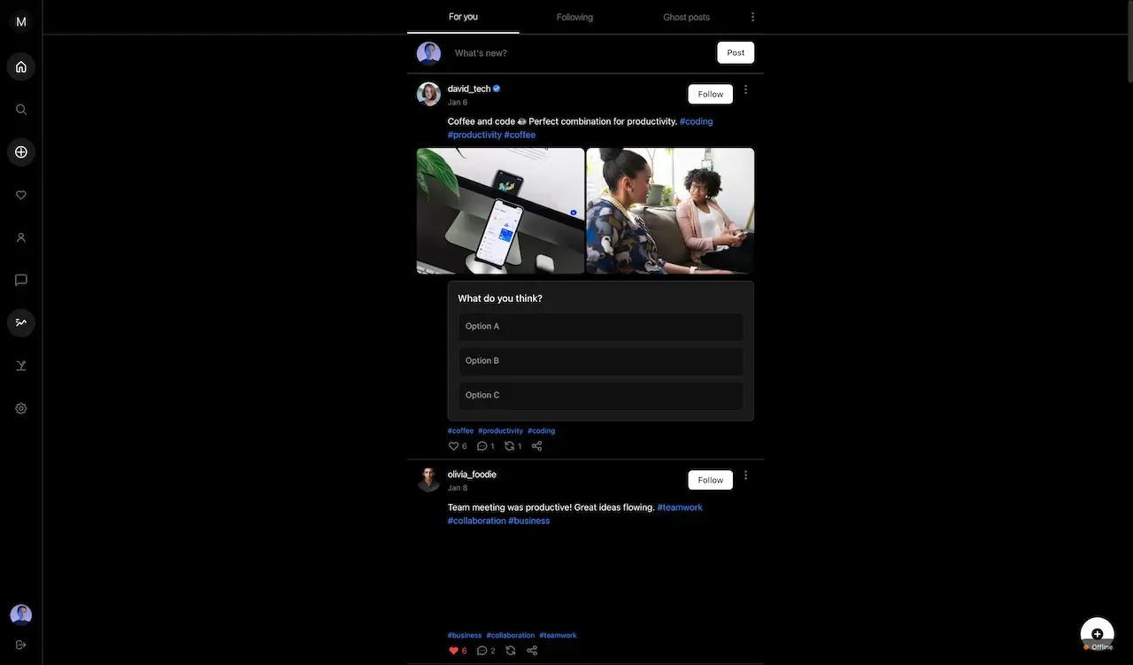 Dark web feed with a left icon menu, a photo post, a poll and login panel