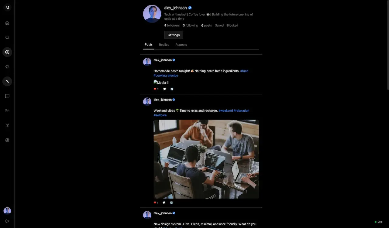 Dark web profile with bio, follower counts, tabs and a feed of posts with photos