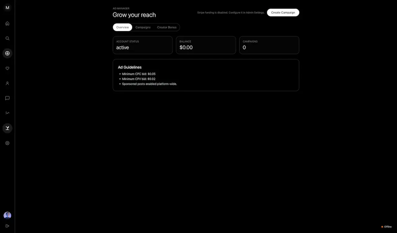Dark web advertising page with campaign status tiles and short ad guideline bullets