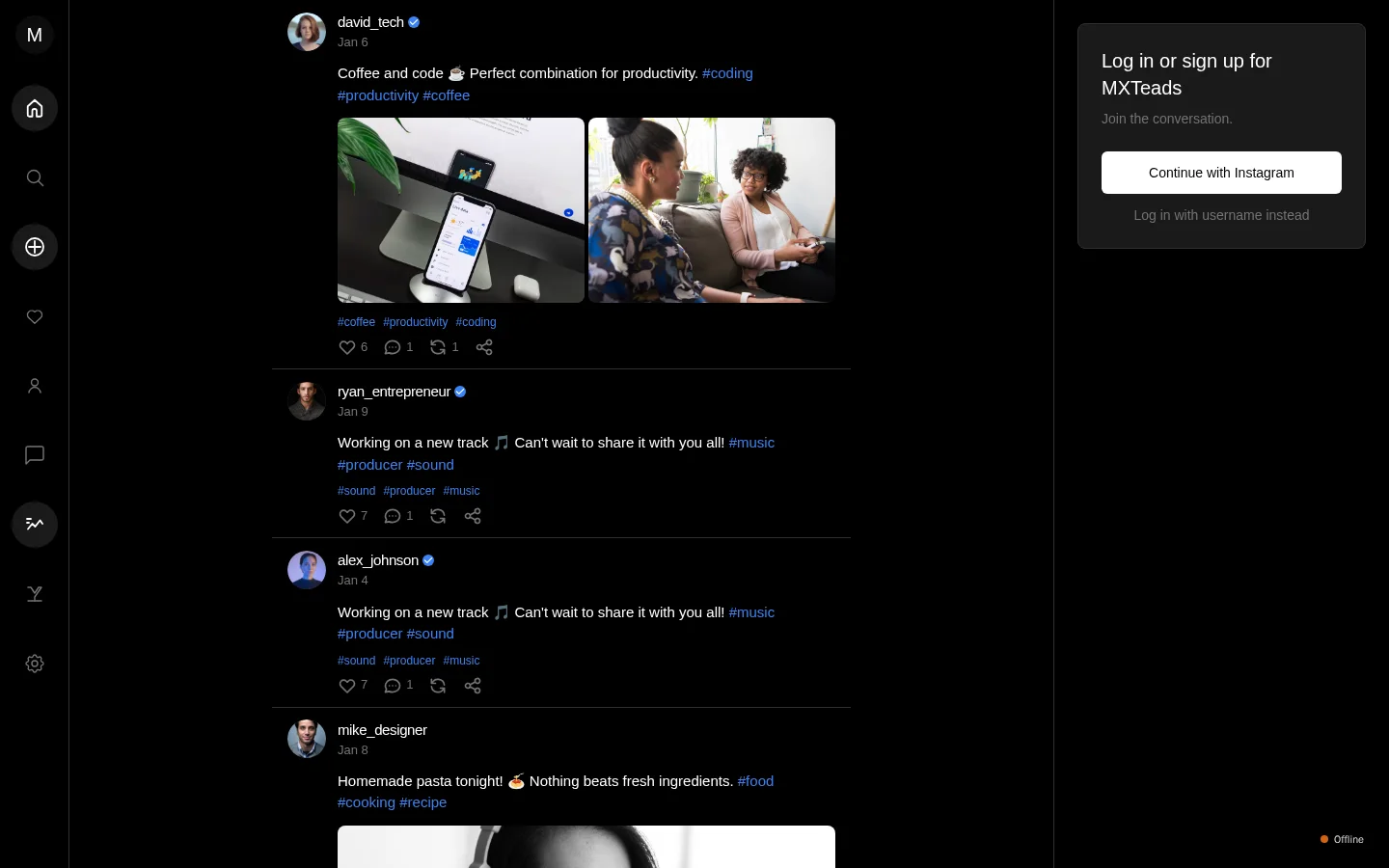 Public feed with text posts, photos and hashtags beside a log in panel