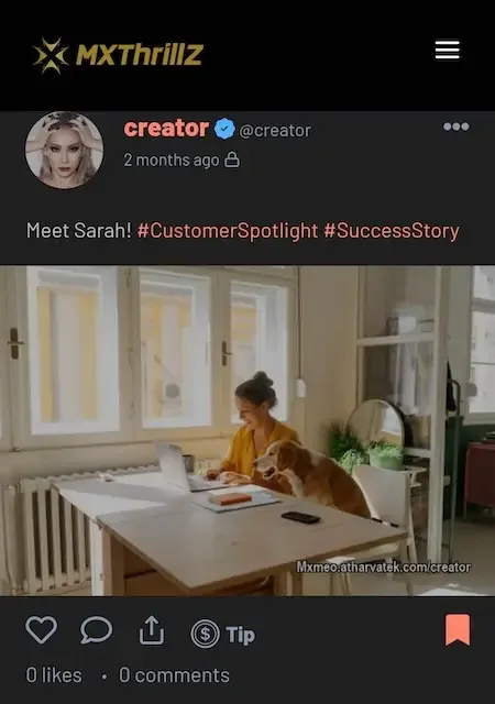 Phone feed with a creator post, a photo, like and tip icons
