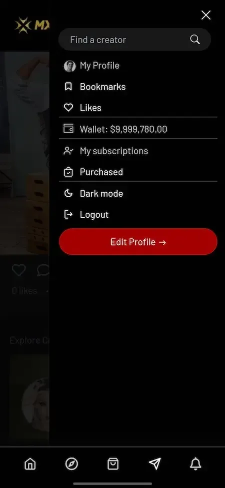 Phone slide-out menu with profile, bookmarks, likes, wallet balance, subscriptions and an edit profile button