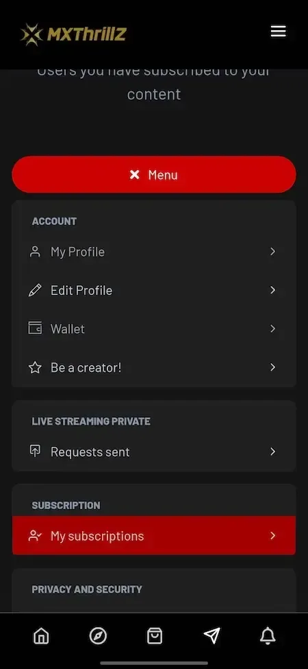 Phone account menu with sections for profile, wallet, creator sign-up, requests and subscriptions